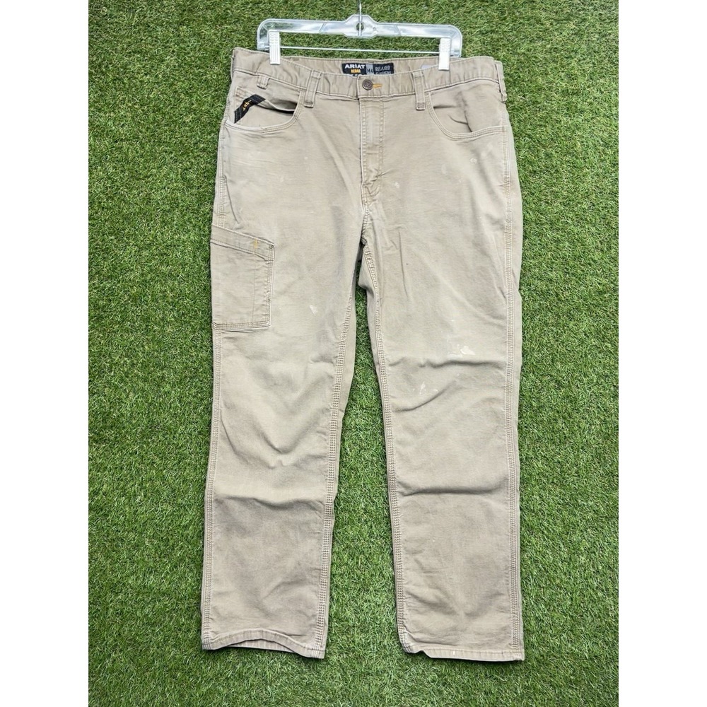 Ariat Rebar Pants Mens 38x32 Khaki Canvas M4 Relaxed Straight Workwear Beige